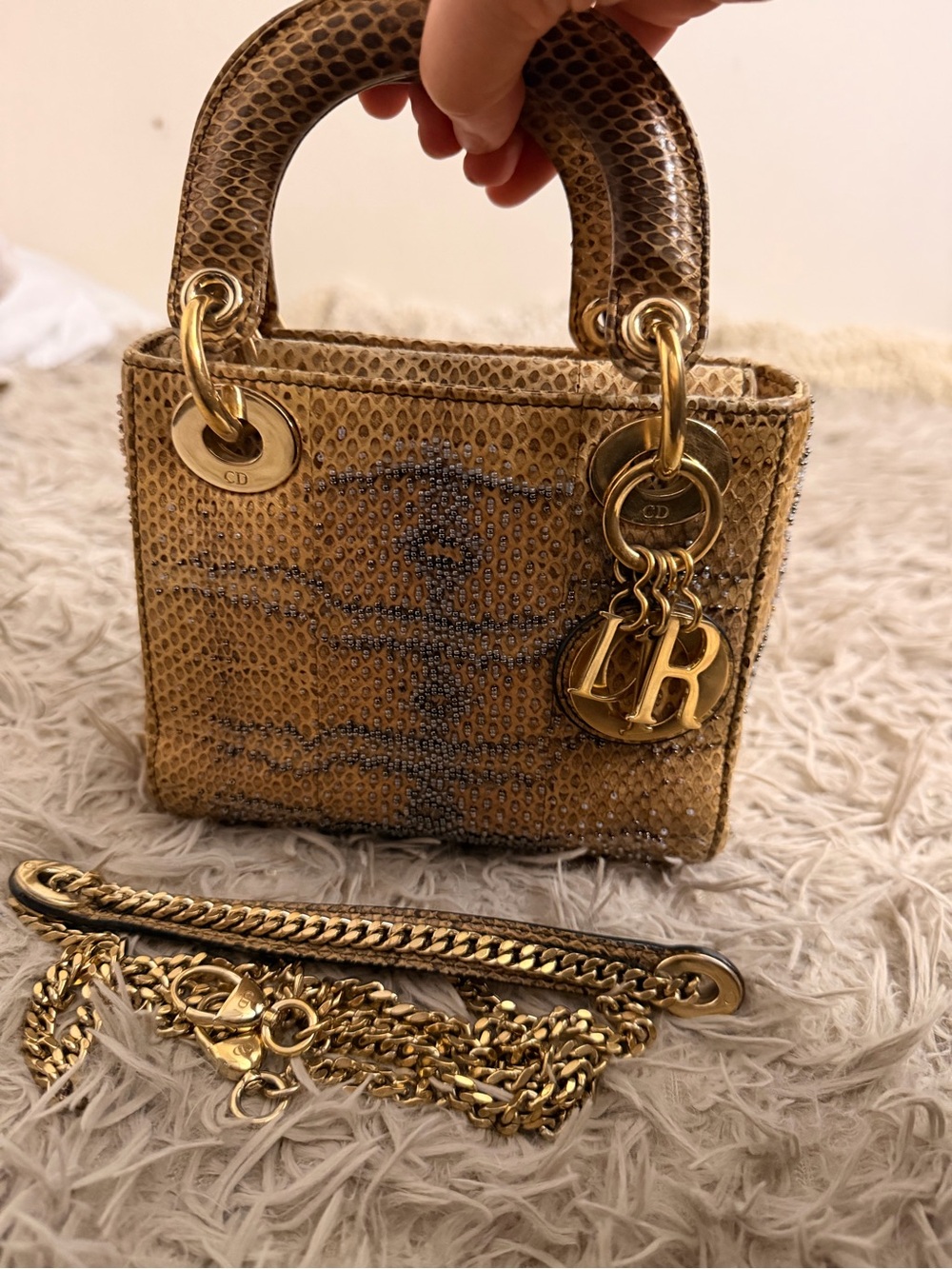 Vintage Lady Dior Metallic Gold Snakeskin and beaded embroidery Mini Bag